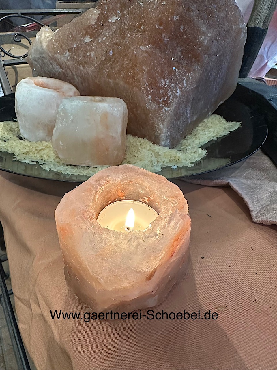 Salzstein Kerzenhalter (ca 7x7 cm), aprikot schillernd