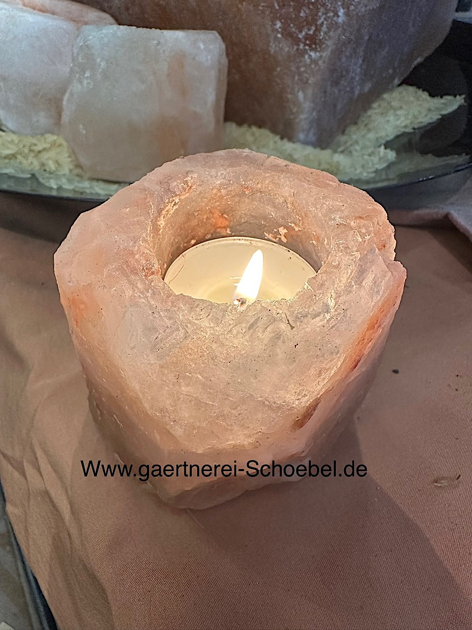 Salzstein Kerzenhalter (ca 7x7 cm), aprikot schillernd